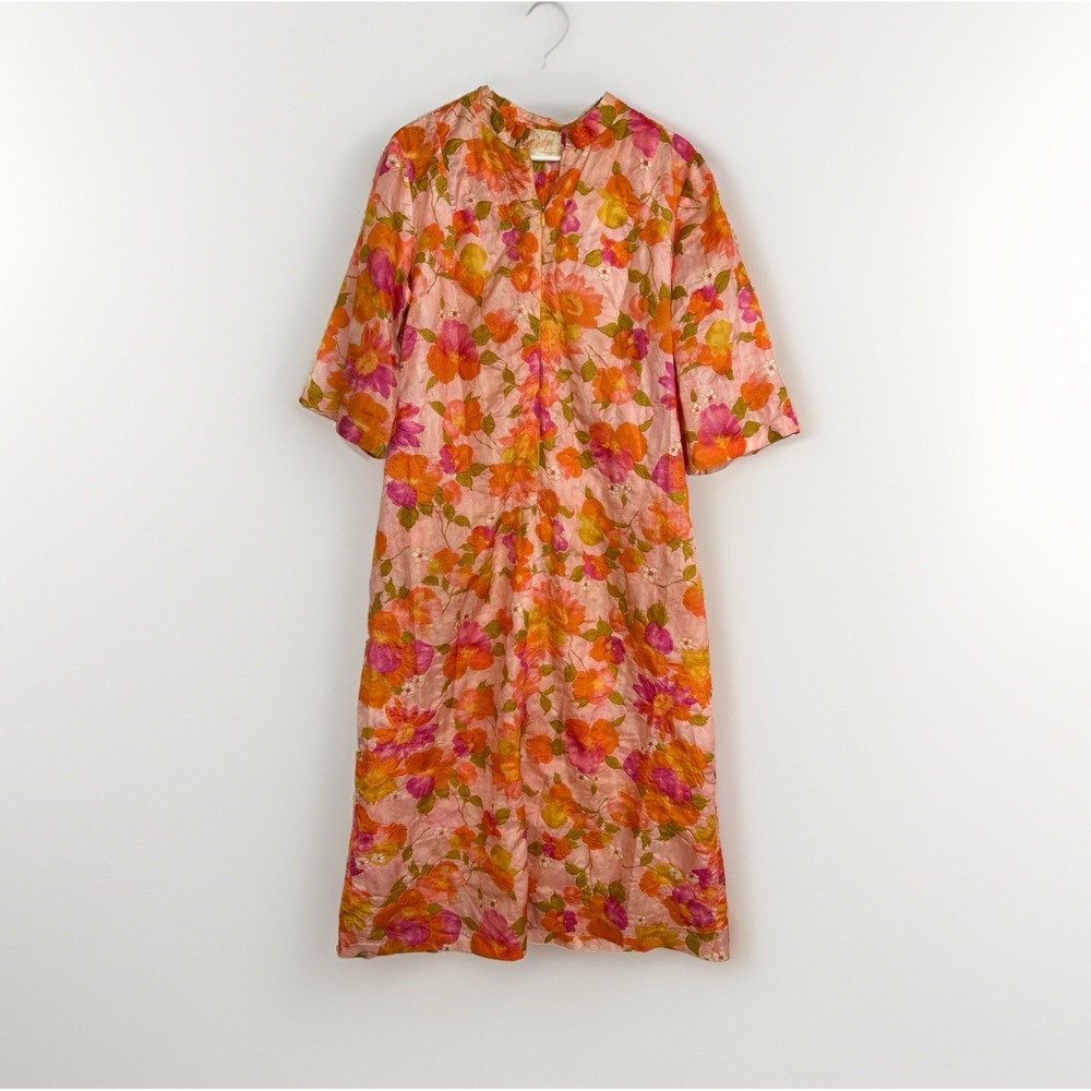 VTG Floral Zip-up Lounge Robe - Fashions by Marilyn of New York 50s 60s Caftan L